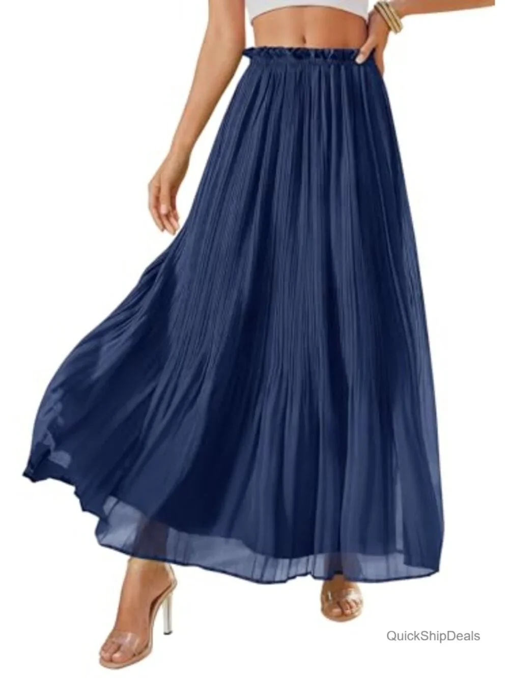 Pleated Chiffon A-Line Elastic High Waist Midi Skirt for Summer Vacation Office